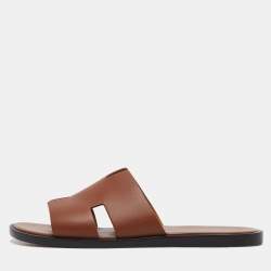 Hermes Brown Leather Izmir Slides Size 43