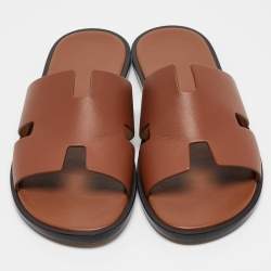 Hermes Brown Leather Izmir Slides Size 43