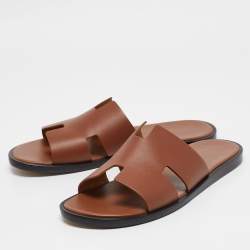Hermes Brown Leather Izmir Slides Size 43