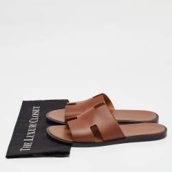 Hermes Brown Leather Izmir Slides Size 43