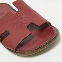 Hermes Burgundy Leather Izmir Slides Size 44.5