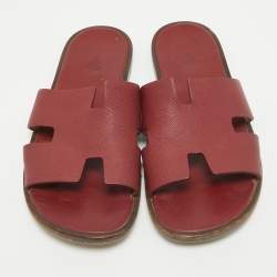 Hermes Burgundy Leather Izmir Slides Size 44.5
