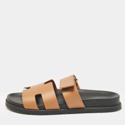 Hermes Brown Leather Chypre Flat Sandals Size 41.5