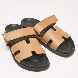 Hermes Brown Leather Chypre Flat Sandals Size 41.5