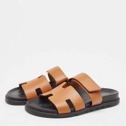 Hermes Brown Leather Chypre Flat Slides Size 41