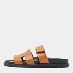 Hermes Brown Leather Chypre Flat Slides Size 41