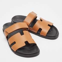 Hermes Brown Leather Chypre Flat Slides Size 41