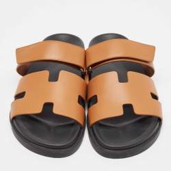 Hermes Brown Leather Chypre Flat Slides Size 41