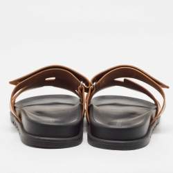 Hermes Brown Leather Chypre Flat Slides Size 41