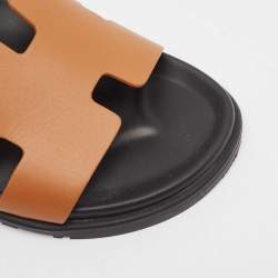 Hermes Brown Leather Chypre Flat Slides Size 41