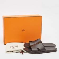 Hermes Dark Brown Leather Izmir Flat Slides Size 42