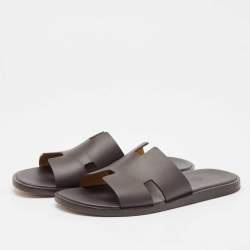 Hermes Dark Brown Leather Izmir Flat Slides Size 42