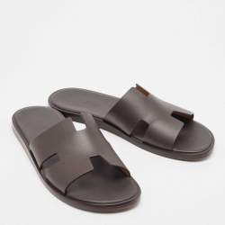 Hermes Dark Brown Leather Izmir Flat Slides Size 42