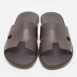 Hermes Dark Brown Leather Izmir Flat Slides Size 42