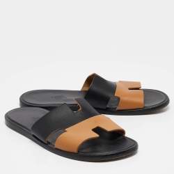 Hermes Black/Brown Leather Izmir Flat Slides Size 40.5