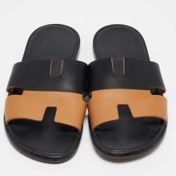 Hermes Black/Brown Leather Izmir Flat Slides Size 40.5