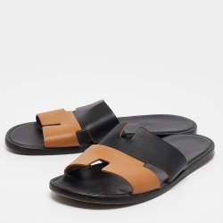 Hermes Black/Brown Leather Izmir Flat Slides Size 40.5