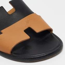 Hermes Black/Brown Leather Izmir Flat Slides Size 40.5