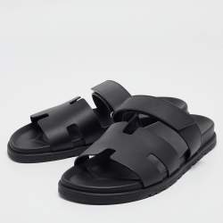 Hermes Black Leather Chypre Sandals Size 43.5