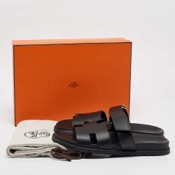 Hermes Black Leather Chypre Sandals Size 43.5