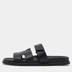 Hermes Black Leather Chypre Sandals Size 43.5