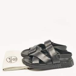 Pre Owned Hermes Black Leather Electric Flat Sandals Size 45
