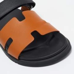 Hermes Brown/Black Leather Chypre Sandals Size 45