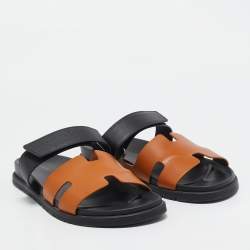 Hermes Brown/Black Leather Chypre Sandals Size 45