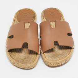 Hermes Brown Leather Antigua Espadrille Flat Sandals Size 41