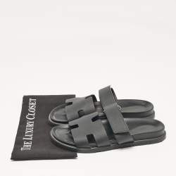 Hermes Black Leather Chypre Flat Sandals Size 41