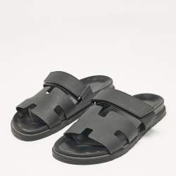 Hermes Black Leather Chypre Flat Sandals Size 41