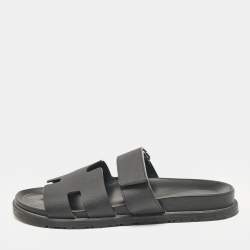 Hermes Black Leather Chypre Flat Sandals Size 41