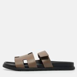 Hermes Olive Green Leather Chypre Flat Sandals Size 46
