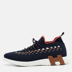 Hermes Navy Blue Knit Fabric Flex Lace Up Sneakers Size 45