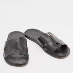 Hermes Black Leather Izmir Flat Slides Size 42