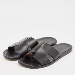 Hermes Black Leather Izmir Flat Slides Size 42