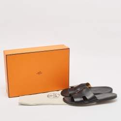 Hermes Black Leather Izmir Flat Slides Size 42