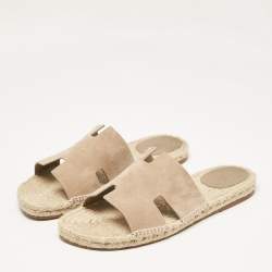 Hermes Beige Suede Antigua Flat Slides Size 47