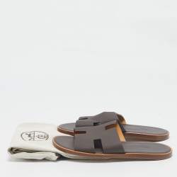 Hermes Dark Brown Leather Izmir Slide Sandals Size 43.5