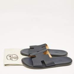 Hermes Navy Blue Leather Izmir Flat Slides Size 43.5