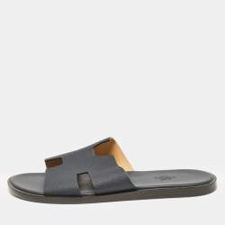 Hermes Navy Blue Leather Izmir Flat Slides Size 43.5