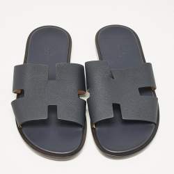 Hermes Navy Blue Leather Izmir Flat Slides Size 43.5