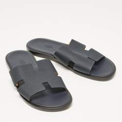 Hermes Navy Blue Leather Izmir Flat Slides Size 43.5