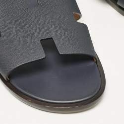 Hermes Navy Blue Leather Izmir Flat Slides Size 43.5