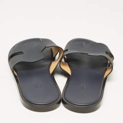 Hermes Navy Blue Leather Izmir Flat Slides Size 43.5