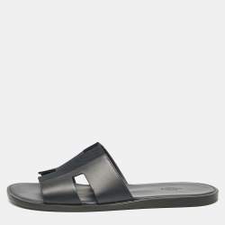 Hermes Navy Blue Leather and Canvas Izmir Flat Slides Size 45