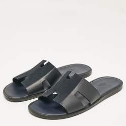 Hermes Navy Blue Leather and Canvas Izmir Flat Slides Size 45