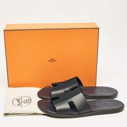 Hermes Navy Blue Leather and Canvas Izmir Flat Slides Size 45