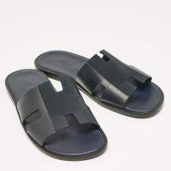 Hermes Navy Blue Leather and Canvas Izmir Flat Slides Size 45