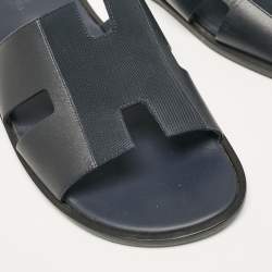 Hermes Navy Blue Leather and Canvas Izmir Flat Slides Size 45